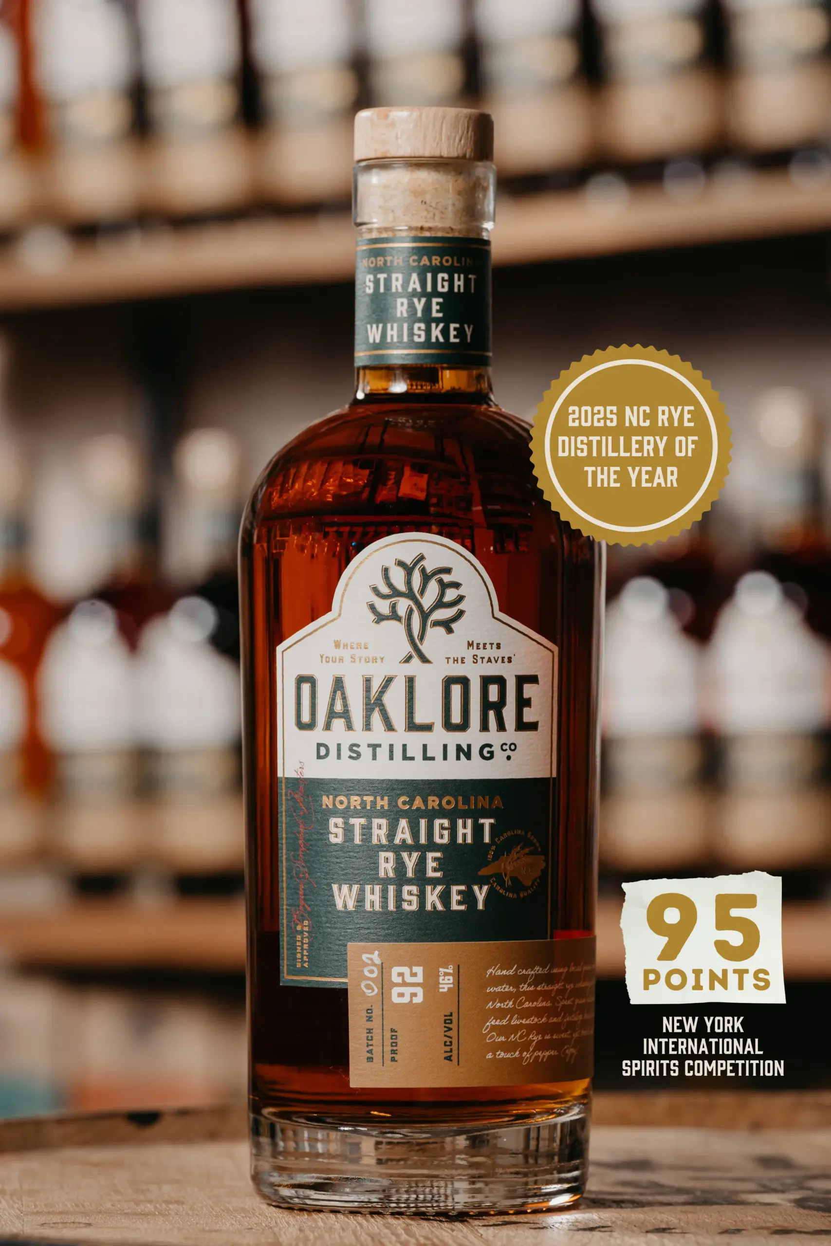Oaklore NC Straight Rye Whiskey - 95 Points New York International Spirits Competition