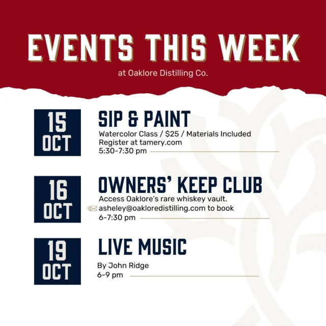 Happy Monday, friends! We have a lot going on for y'all this week!

🎨 Sip and Paint! Make sure to register at tamery.com 
🥃 Owner's Keep Club
🎶 Live Music By John Ridge
🌳 Cigar Sunday on the Patio with @littlehavanahumidor

Plus, don't forget to Empty the Shelves for Carolina until the 20th! ⛰🥃🍂