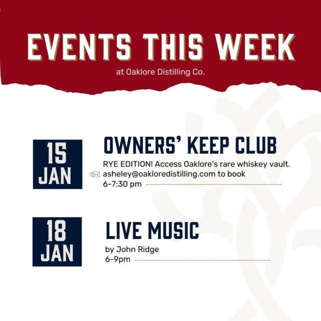 Come join us! We're continuing on the Rye January festivities this week! Come learn about Rye at Owners' Keep Club, and be on the lookout for this Friday's vintage Oaklore rye release! 👊🥃